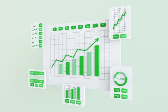 Perspective view on project statistics, financial data, growing sales charts, report preparation and data synchronization white card windows with green graphs on light wall background. 3D rendering