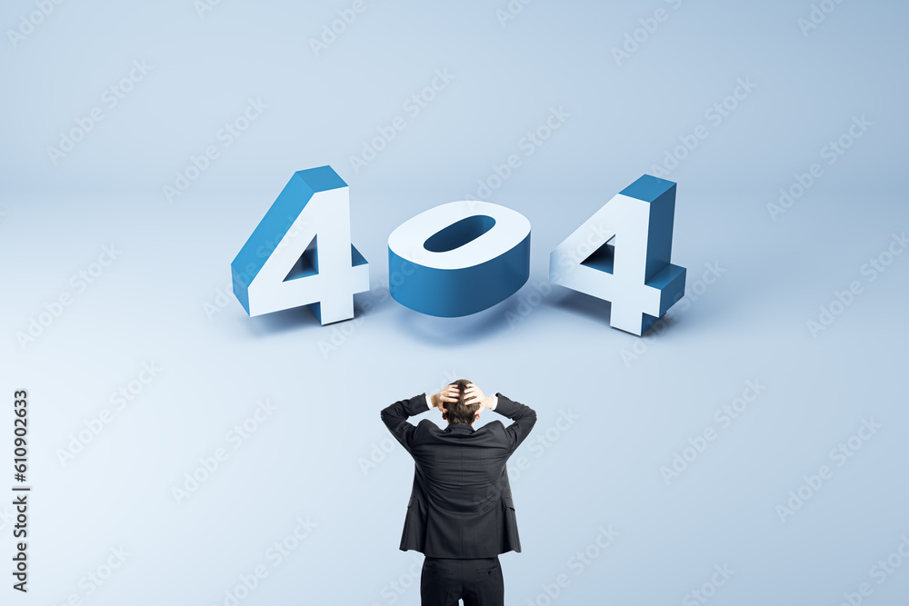 Poster 404 page not found error creative concept with 3d digits and panic person holds his head on light bl