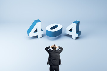 404 page not found error creative concept with 3d digits and panic person holds his head on light...