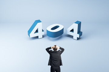 404 page not found error creative concept with 3d digits and panic person holds his head on light blue background