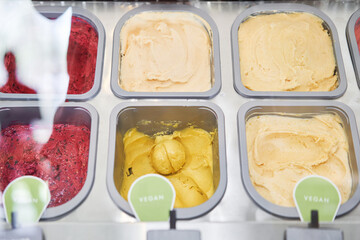 A variety of sugar-free vegan ice cream with natural ingredients on display at the gelateria. Flavors various ice cream in Rome, Italy. Italian gelateria. Assortment of colorful gelato on cafe