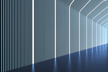 Luxury futuristic blue corridor with reflections. Designs concept. 3D Rendering.