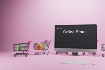 Creative online shopping concept with trolleys and computer monitor on pink background. Shop online and digital media concept. 3D Rendering.