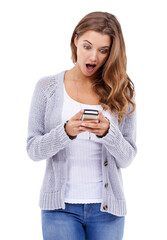 Phone, surprise and woman typing isolated on a transparent png background. Smartphone, wow and...