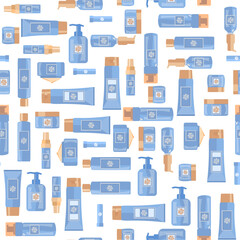 Seamless pattern of cosmetics, body and face care products for women men. Lotions in tubes, jars, glass bottles, deodorants, lipstick, shampoo, soap dispenser, face gel, serum. Flat vector illustratio