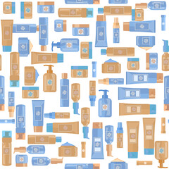 Seamless pattern of cosmetics, body and face care products for women men. Lotions in tubes, jars, glass bottles, deodorants, lipstick, shampoo, soap dispenser, face gel, serum. Flat vector illustratio