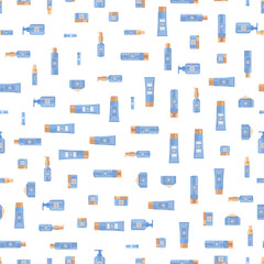 Seamless pattern of cosmetics, body and face care products for women men. Lotions in tubes, jars, glass bottles, deodorants, lipstick, shampoo, soap dispenser, face gel, serum. Flat vector illustratio