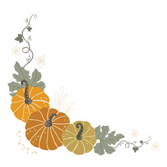 Naklejka premium Autumn pumpkin and leaves corner. Fall season frame. Hand drawing flat vector illustration.