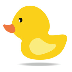 Side view cartoon vector mascot illustration of happy yellow duck isolated on white background.