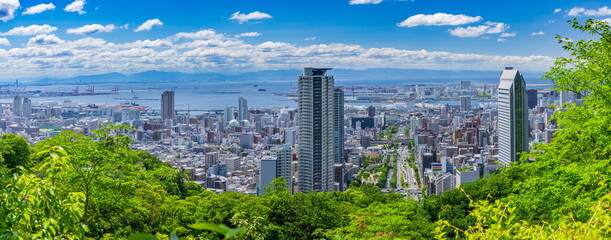 六甲山から眺める新緑と神戸の街（中央区・灘区の街並み・ポートアイランド・空港島が見えます）
