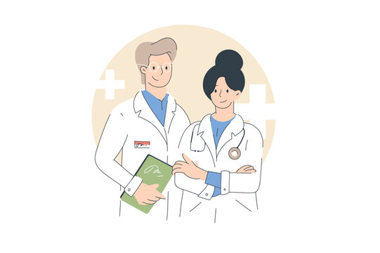 Friendly Male and Female Doctors. Hand drawn 