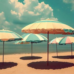 Fototapeta na wymiar Beach umbrellas set relaxing in the sun Generative AI