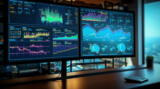 Enriched data monitoring: Monitor screen perspective displaying digital analytics visualization and financial schedule. Generative AI