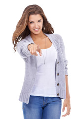 Portrait, pointing and choice with a woman isolated on a transparent background for decision or vote. Happy, smile or you and an attractive young person making a selection with a finger point on PNG