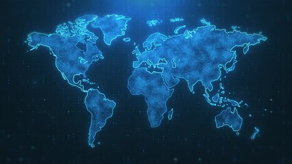 Digital Technology World Map Animation. Glowing Connections in Global Blue World Map Loop with Visual Effects - Powered by Adobe