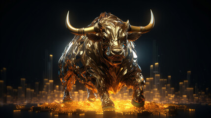 Lustrous light enveloping the formidable presence of the Bitcoin bull Generative AI - obrazy, fototapety, plakaty