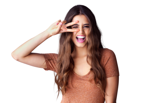 Portrait of woman, smile and peace sign on face, happy celebration and isolated on transparent png background. Happiness, freedom and excited gen z girl with winning hand gesture, v symbol or emoji.