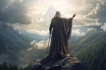 Man standing on top of the mountain and looking at the valley,The man thank God on the mountain.Generative Ai