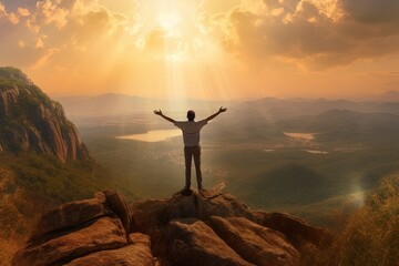 Man standing on top of the mountain and looking at the valley,The man thank God on the mountain.Generative Ai