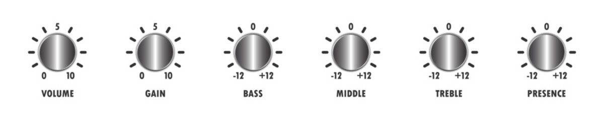 Control knobs. Adjusting regulator icons. Flat vector illustration.