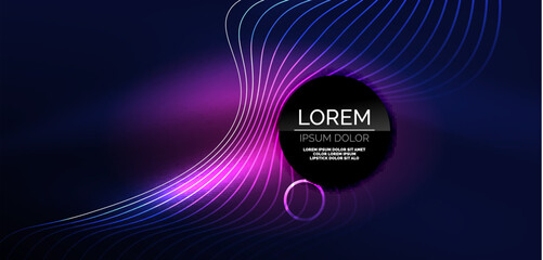 Neon laser lines, circles waves abstract background. Neon light or laser show, electric impulse, power lines, techno quantum energy impulse, magic glowing dynamic lines