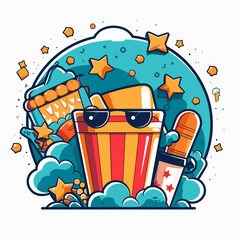 Garden party. Fast food and popcorn. Cartoon illustration. white background, label, sticker