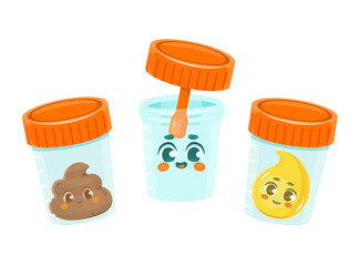 Cute funny containers for analysis urine and feces.