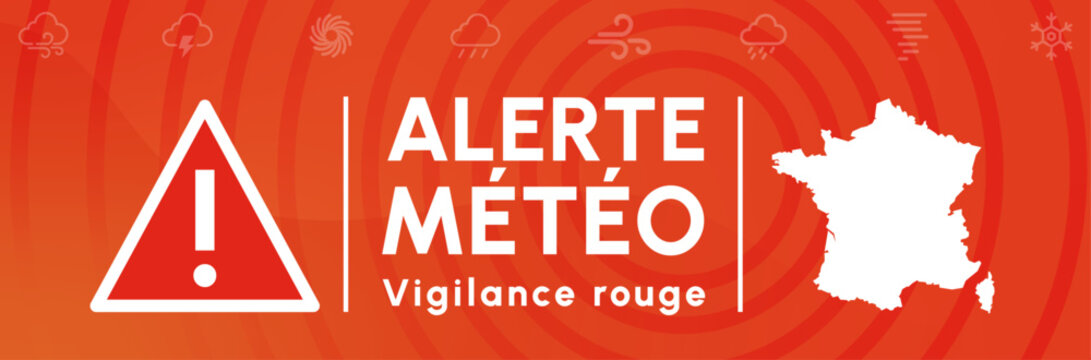Alerte m&eacute;t&eacute;o - Vigilance rouge - Banni&egrave;re autour des ph&eacute;nom&egrave;nes m&eacute;t&eacute;orologiques qui n&eacute;cessitent notre attention - Dangers et pr&eacute;visions m&eacute;t&eacute;o - Fichier vectoriel &eacute;ditable - Illustrations