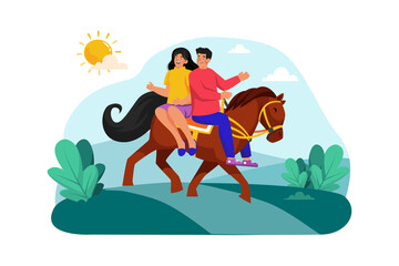 Couple goes horseback riding in the morning.