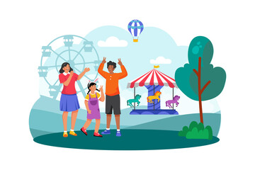 Obraz na płótnie Canvas Family visits an amusement park for morning fun.