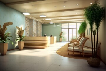 Fototapeta premium reception area of a wellness center, with aloe vera motifs, natural materials, and a soothing color palette, conveying a sense of healing and rejuvenation to visitors. Generative Ai