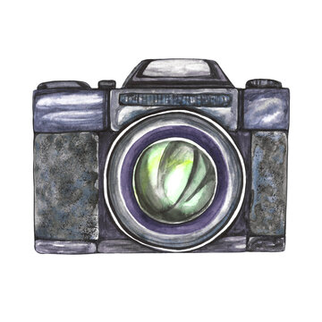 Photo camera watercolor illustration isolated on transparent background