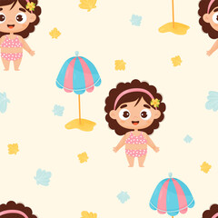 Summer kids seamless pattern. Cute beach girl in swimsuit with sun umbrella on light background with shells. Vector illustration in cartoon style