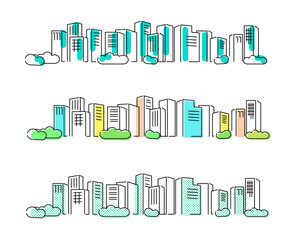 フラットな線画イラスト都市のビル水平景観	
