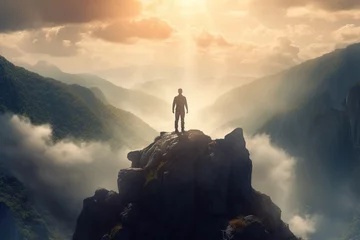 Fototapeten Man standing on top of the mountain and looking into the distance,The man thank God on the mountain.Generative Ai © Rudsaphon