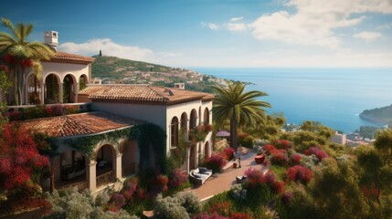 Luxurious American Spanish-style villa nestled on a hilltop, offering panoramic views of the ocean, with terracotta roofs, arched windows, and lush Mediterranean gardens. Generative AI