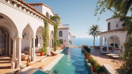 Fototapeta na wymiar Elegant Spanish-style villa with a private path leading directly to the sandy shores, boasting beautiful terraces, colorful tiles, and a pristine infinity pool. Generative Ai