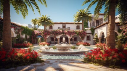 A tranquil image of a spacious Spanish villa surrounded by palm trees and vibrant bougainvillea, with a charming courtyard, tiled fountain. Generative AI