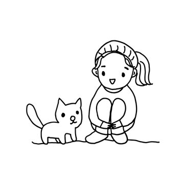 lovely girl sitting with cat, outline drawing style vector