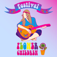 Obraz na płótnie Canvas bright hippie girl with a guitar, flower children