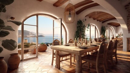 Fototapeta na wymiar Rustic yet elegant dining area in a Spanish-style villa, featuring a large wooden table, traditional Spanish decor, and glimpses of the ocean through arched windows. Generative Ai