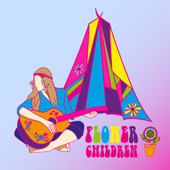 bright hippie girl with a guitar, flower children