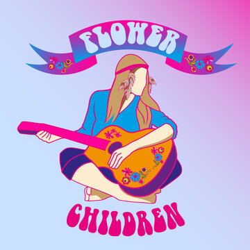 bright hippie girl with a guitar, flower children