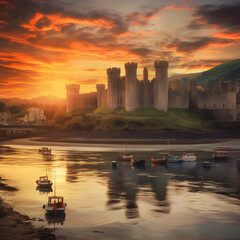 Fototapeta premium Conwy Castle on sunset 