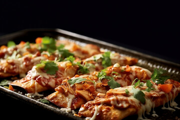 Leckere &uuml;berbackene H&auml;hnchen Fleischst&uuml;cke eingerollt in Paste mit Tomatenso&szlig;e und K&auml;se B&eacute;chamelsauce, ai generativ