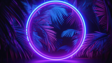 Fototapeta na wymiar Pink and blue background with palm leafs and glowing neon circle
