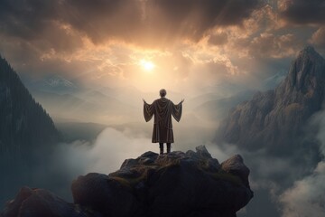 Man with arms raised standing on top of a mountain,The man thank God on the mountain. Generative Ai