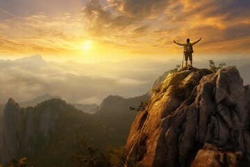 Man with arms raised standing on top of a mountain,The man thank God on the mountain. Generative Ai