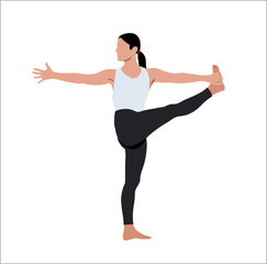 Young woman doing yoga. An enthusiastic performing yoga for fitness. Flat vector style illustration in white background. 