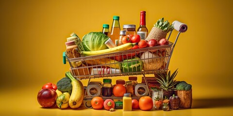 Fototapeta na wymiar AI Generated. AI Generative. Shopping cart with a lot of fruits and vegetables. Marketing sale holidays promotion vibe. Graphic Art